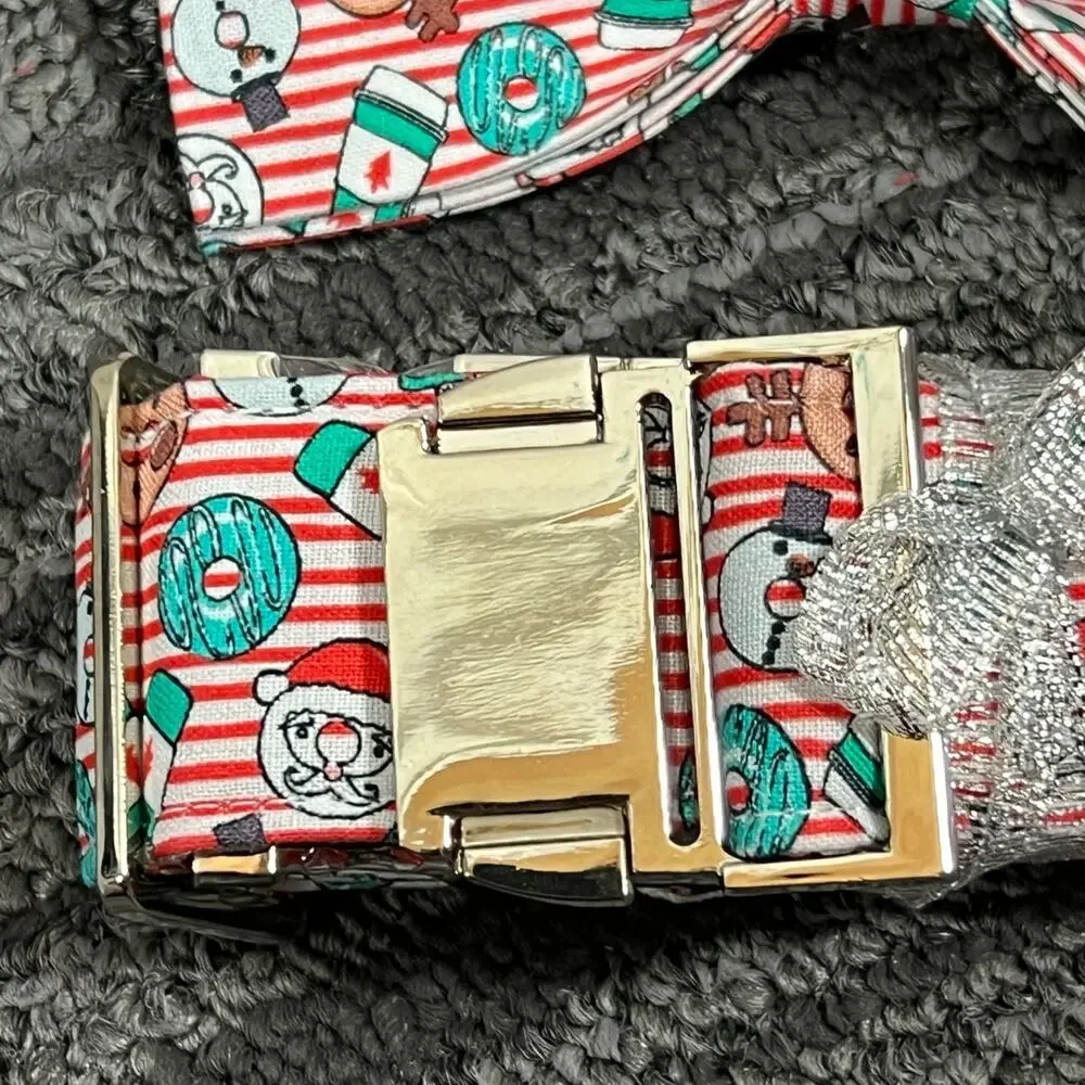 DOGWONG Christmas Dog Collar with Sailor Bow, Red Santa Claus Stripe Dog Collar
